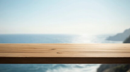 Empty summer holidays background. Horizontal travel banner for advertising product. Wooden table top in front, blurred paradise vacation. Panoramic empty counter in focus. beach and sea on background.