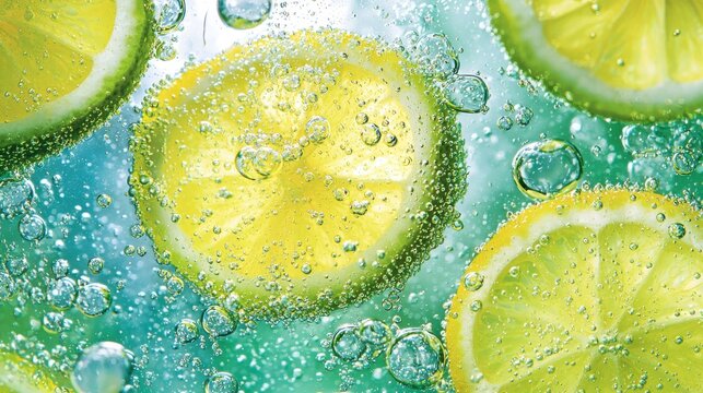 Fresh lemon slices in sparkling water create a vibrant and refreshing drink appearance, perfect for summer or beverage promotions. - Powered by Adobe