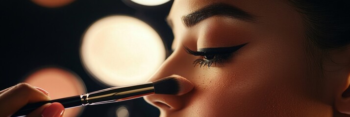 Close up view of a model's face during a professional makeup application. The focus is on the detail of the makeup process.