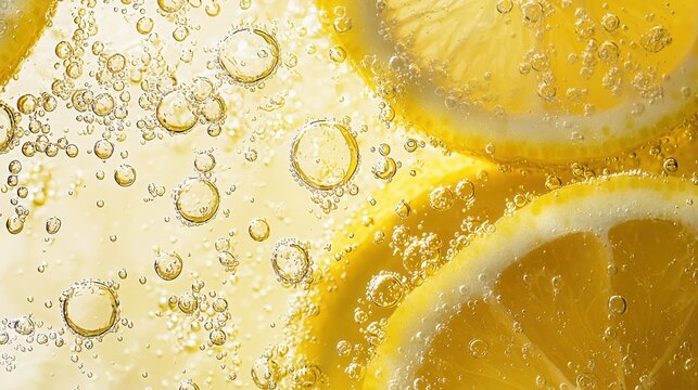 Refreshing lemonade with vibrant lemon slices and effervescent bubbles, ideal for summer beverages.