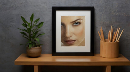 Framed Portrait of a Woman:  A captivating close-up portrait of a woman's face, framed and displayed on a wooden shelf, exudes elegance and mystery.