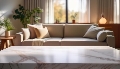 Obraz premium The neutral color palette of the living room creates a calming and inviting atmosphere, perfect for highlighting the beauty of the marble countertop