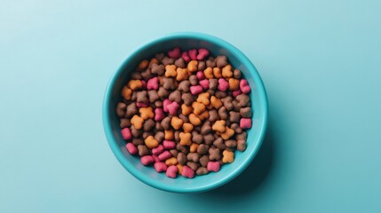 a bowl of dog food on a blue surface