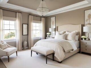 elegant guest bedroom with neutral tones and plush bedding
