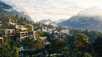 Fototapeta premium Stunning mountain landscape with modern architecture surrounded by lush greenery and serene clouds, perfect for nature lovers.