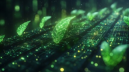 Digital green leaves representing sustainability and advancements in modern technology wallpaper image