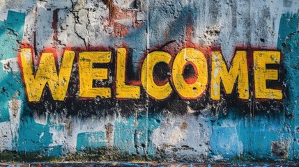 a welcome sign painted on a wall with graffiti