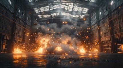 Fiery explosion in a large industrial warehouse.