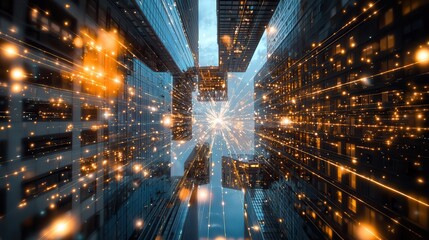 A futuristic cityscape illuminated at night, featuring a glowing central hub, vibrant skyscrapers