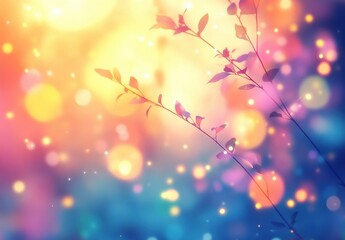 Abstract nature background with soft bokeh lights, delicate leaves silhouettes, and vibrant dreamy colors creating a serene and enchanting atmosphere for various creative projects.