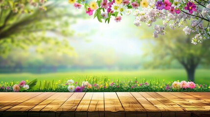 Springtime Wooden Tabletop with Blurred Background of Blossoming Flowers and Grassy Meadow