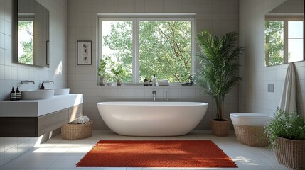 Fototapeta premium Modern bathroom, freestanding tub, plants, natural light.