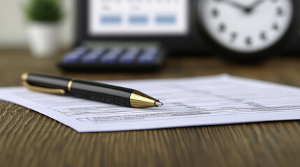 detailed shot of office desk featuring tax forms, pen, and clock, creating focused workspace atmosphere. scene conveys organization and productivity