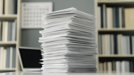 tall stack of paperwork sits on desk, surrounded by modern office environment. documents appear to be tax returns, emphasizing importance of organization and review