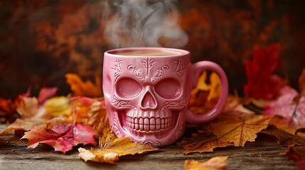 A matte pink skull mug filled with steaming hot chocolate surrounded by autumn leaves