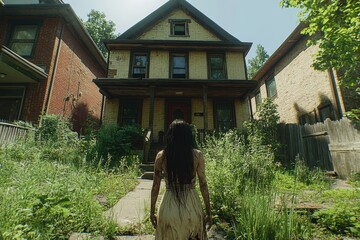 A young woman of South Asian descent stands hauntingly in front of a dilapidated, overgrown house, evoking a sense of eerie mystery.