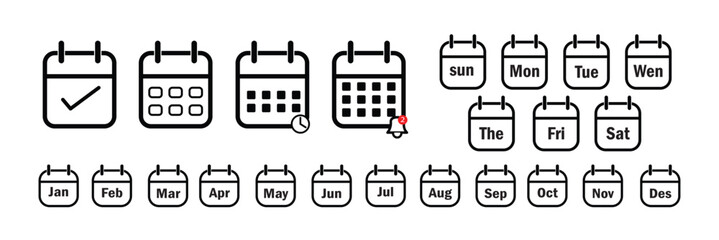 Set of every day a week, month calendar icon. Collection of calendar week, month icon symbols. Vector icon. Flat, red and white & black calendar icon set for the week ,days, month