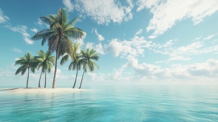 a beach with palm trees and a small island