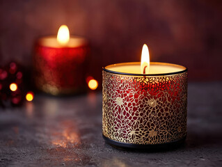 Red candles glowing softly with intricate golden design
