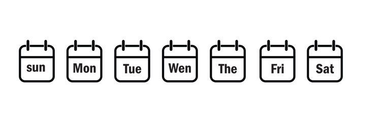 Icons with calendar days week. Calender , days of the week. Days week : monday, tuesday, wednesday, thursday, friday, saturday, sunday. Vector set.