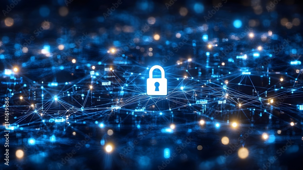 Poster a glowing padlock symbol surrounded by a network of connections, representing digital security and d
