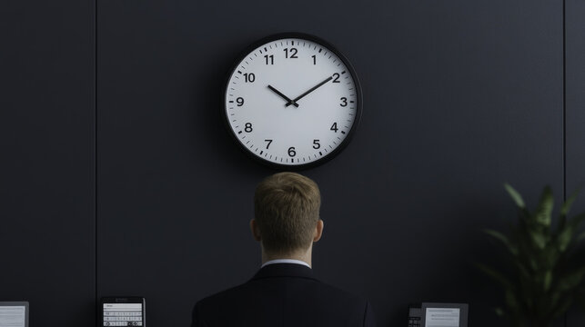 man in suit stands in front of large wall clock, contemplating time in modern office setting. atmosphere conveys sense of urgency and focus