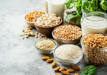 Arrangement of Various Nutritious Ingredients Including Nuts, Seeds, Grains, and Dairy Alternatives on a Textured Surface in a Natural Setting