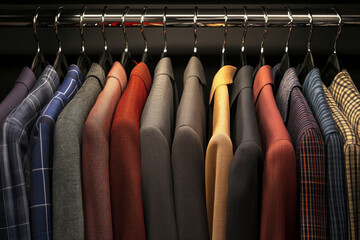 Man blazers hanging on wooden hangers in wardrobe. Male formal suits on clothing rack in closet