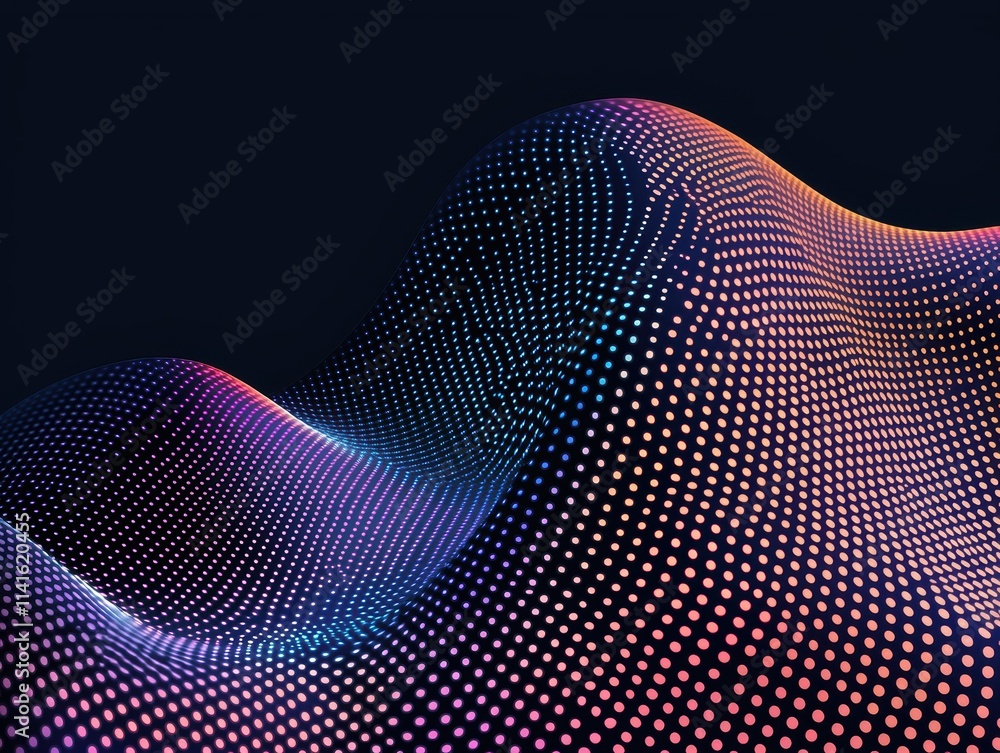Poster modern technology-themed pattern of neon dots, abstract data connections, and grid networks on a sea