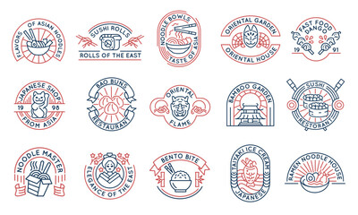 Asian Cuisine and Food logos, labels, icons. Collection of 15 Asian logotypes designed for food business. Sushi, Noodles, Japanese logos. Vector illustration.
