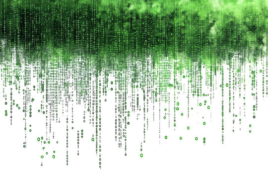 Falling streaming lines of green digital binary code isolated on white background. Digital data flow