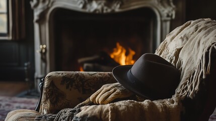 A pair of gloves and a hat placed on a soft chair in front of a fireplace