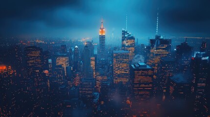 Fototapeta premium Night cityscape, illuminated skyscrapers, urban lights.