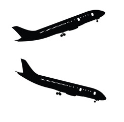 Cute cartoon hand drawn vector airplane take off  and land off icon silhouette.