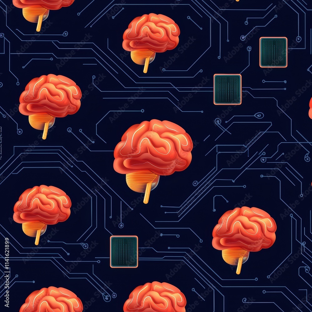 Poster seamless design featuring futuristic ai brain symbols, neural lines, and abstract glowing microproce