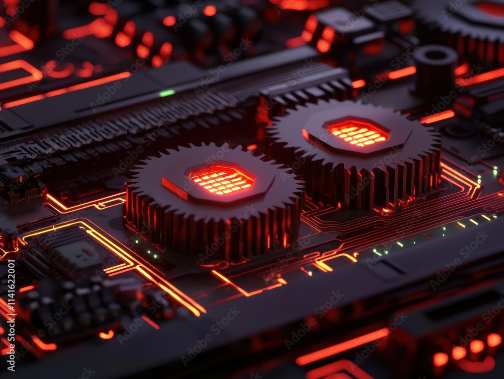 Poster seamless design of digital gears, glowing waveforms, and interconnected robotic circuit layouts