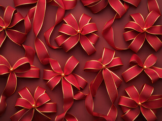 Red ribbons in intricate knots glowing with soft golden accents