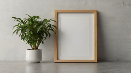 Wooden Frame Mockup with Plant: Elegant, minimalist mockup featuring a light wood frame and a vibrant potted plant against a neutral backdrop. Perfect for showcasing artwork, photography.