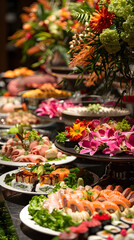 Elegant Buffet Setup with Diverse Culinary Delights in a Sophisticated, Welcoming Ambiance