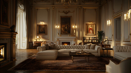 Luxurious Living Room Interior Design  Elegant Sectional Sofa  Fireplace    Gold Accents