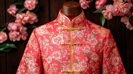 Naklejka premium Traditional Chinese clothing in radiant red and gold with floral patterns