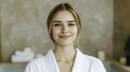 Fototapeta premium young woman in spa robe smiles warmly, radiating beauty and relaxation in serene spa environment. Her glowing skin and calm demeanor enhance tranquil atmosphere