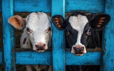 Charming Calves Looking Through Colorful Blue Wooden Fence in a Rustic Farm Setting, Capturing the Innocent Expressions of Young Cattle in Natural Environment