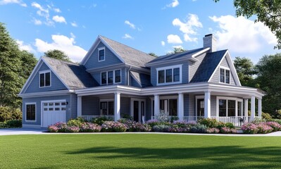 Charming Blue and White Family Home Surrounded by Lush Greenery and Colorful Landscaping on a Bright Sunny Day