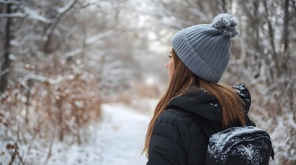 A woman wearing a grey hat and a black jacket is standing in the snow