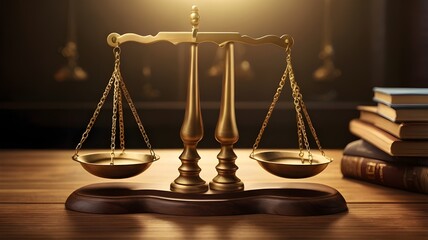 The iconic brass scale of justice in high-definition clarity, delicately balanced on a richly textured wooden desk with ambient light casting a subtle shadow. --ar 3:2 --v 4