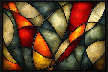 Fototapeta premium A vibrant stained glass panel featuring swirling patterns in warm reds, golds, and greens, creating an inviting atmosphere.