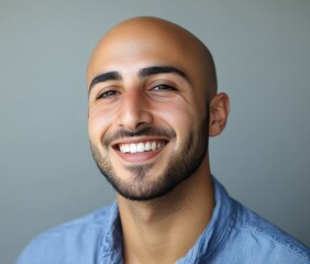 Obraz premium Cheerful bald man with a bright smile, wearing a casual blue shirt, exuding confidence and warmth against a soft grey background, perfect for lifestyle photography.