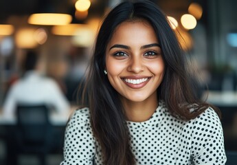 Obraz premium Cheerful young woman with long dark hair and beautiful smile sitting in a bright modern office environment showcasing happiness and confidence