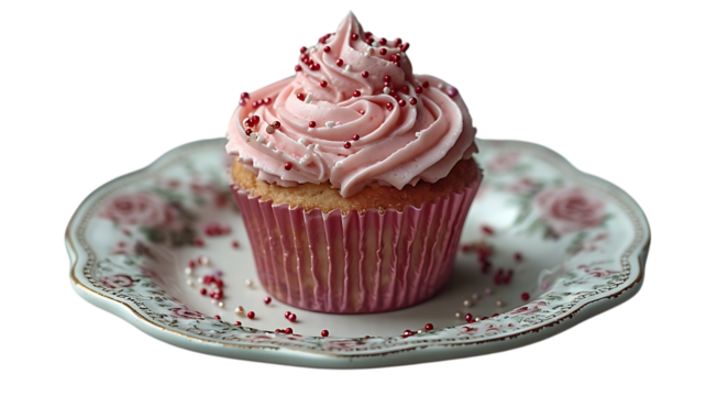 A cupcake with pink frosting and sprinkles on a white plate with a pink pattern.